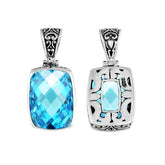 Handmade Bali silver rectangular pendant with faceted blue topaz quartz and cutwork detailing